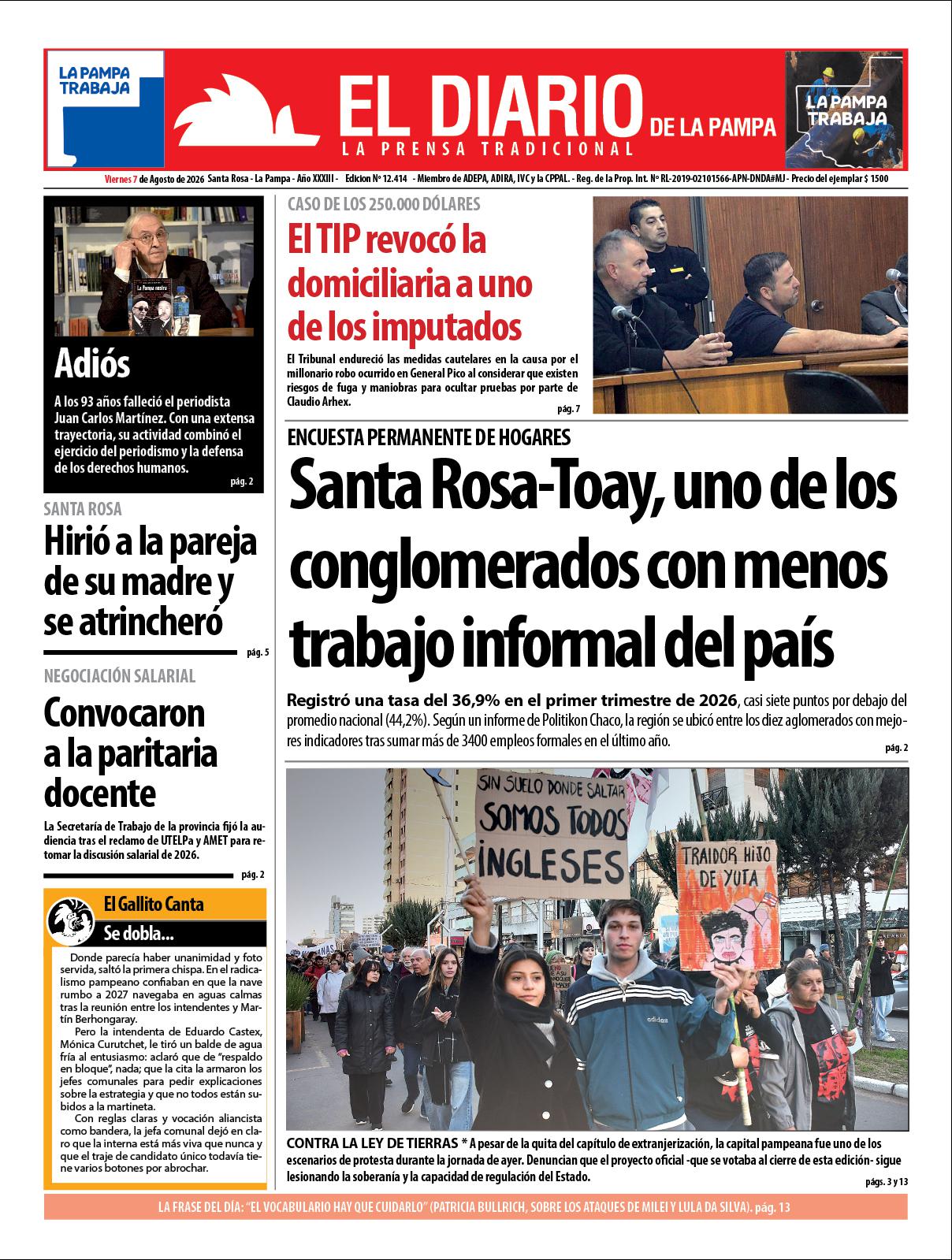Tapa de El Diario en papel  viernes 07 de agosto de 2026